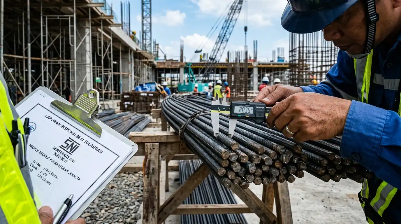 Pemeriksaan diameter besi beton menggunakan jangka sorong oleh Kontraktor Bangunan