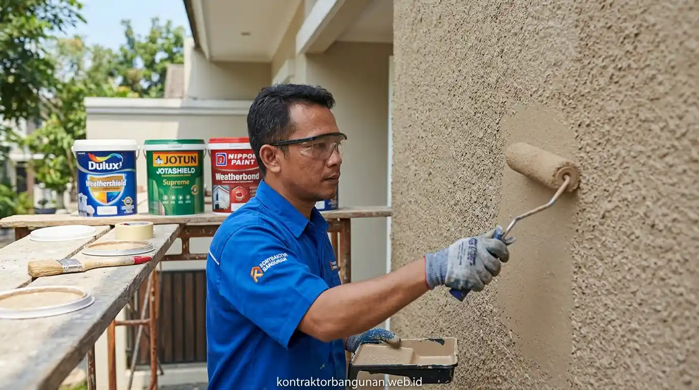 Aplikasi cat tembok eksterior pelindung cuaca pada fasad rumah modern