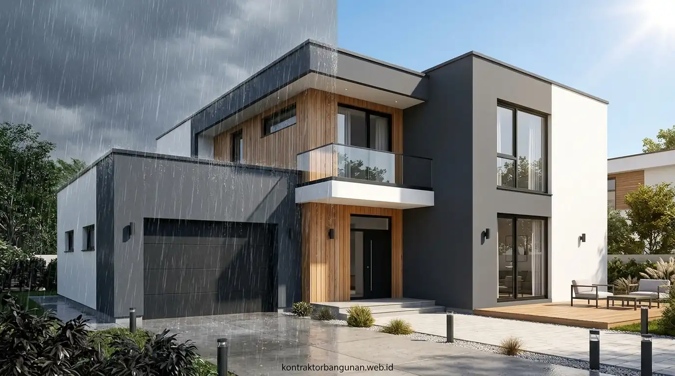 Hasil finishing fasad rumah minimalis dengan cat eksterior tahan cuaca premium